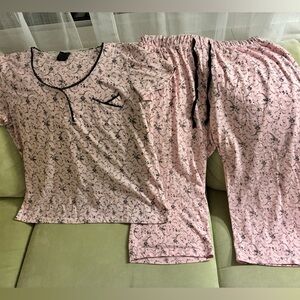 VTG 90s Laura Ashley Pink Toile Pajama Set Capri Sleep Loungewear L Cozy Relax